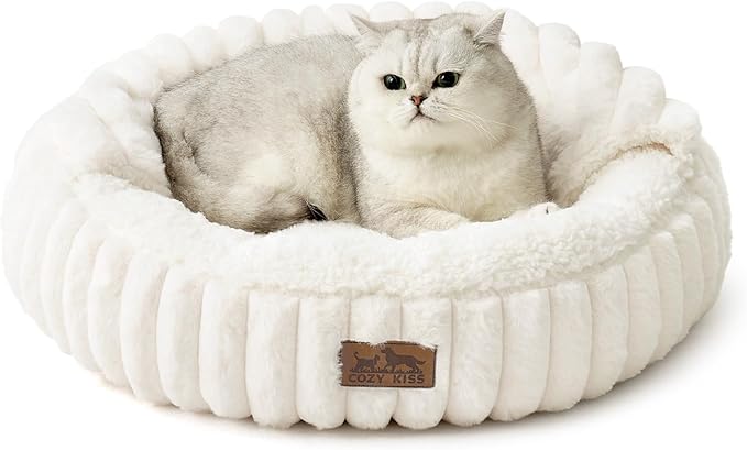 Cat Bed with Hooded Blanket, Round Fluffy Anti-Anxiety Pet Bed for Cats/Small Dogs, Cozy Donut