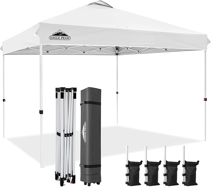 EAGLE PEAK Pop Up Canopy Tent with Wheeled Carry Bag, 8 Stakes, 4 Ropes, 4 Weight Bags, Easy Set Up