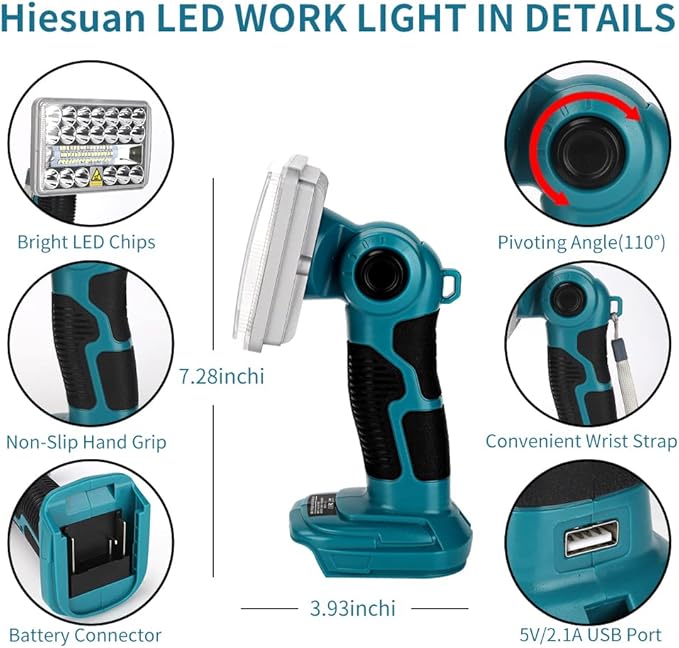Work Light for Makita 18v Battery, 18w Flashlight, 2000LM Portable Flood Light with USB-A Port for