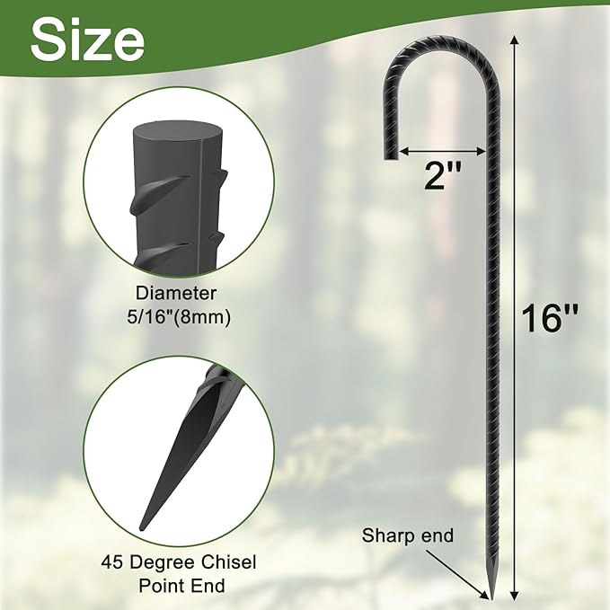 Rebar Stakes 16 inch, Heavy Duty J Hook Ground Stakes, 5/16 inch Curved Steel Tent Stakes Anti Rust