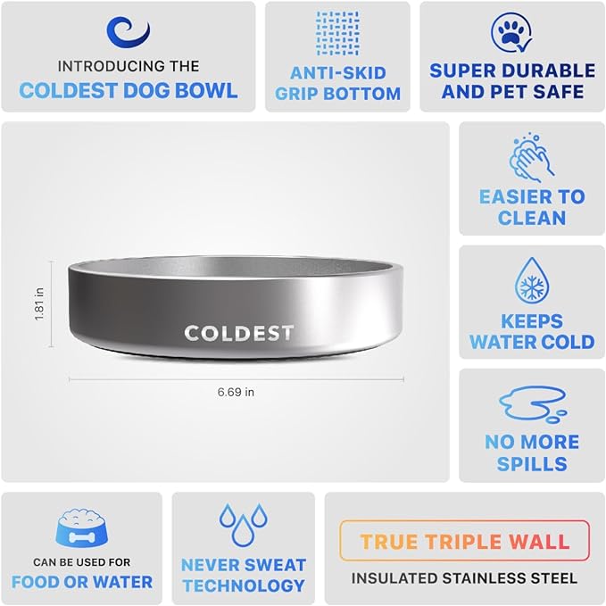 Coldest Dog Bowl - Anti Rust Metal, Non Slip, 3 Layers Insulated Stainless Steel Dog Bowls - Spill
