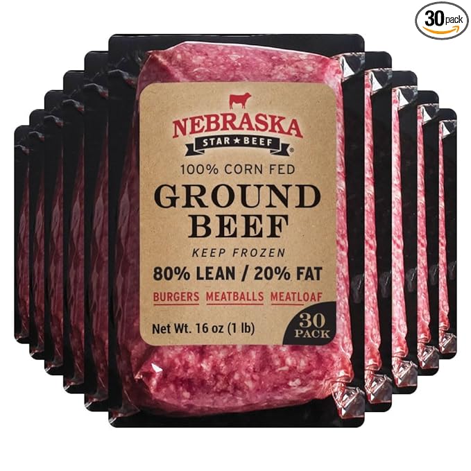 Nebraska Star Beef Angus Ground Beef, 30lb Pack (30 x 1lb) - Premium Frozen Hamburger Meat, 80/20