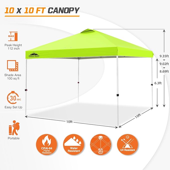 EAGLE PEAK Pop Up Canopy Tent with Wheeled Carry Bag, 8 Stakes, 4 Ropes, 4 Weight Bags, Easy Set Up