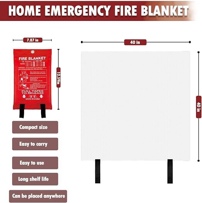 MDH Fire Blanket 40x40 inches Fiberglass w/Gloves Hooks Whistle - Fireproof Safety for Home Kitchen