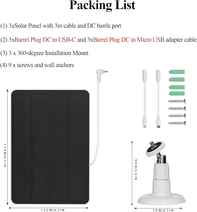 3-Pack 5W Solar Panels for Security Cameras with 360° Adjustable Mounting - IP65 Waterproof - 9.8