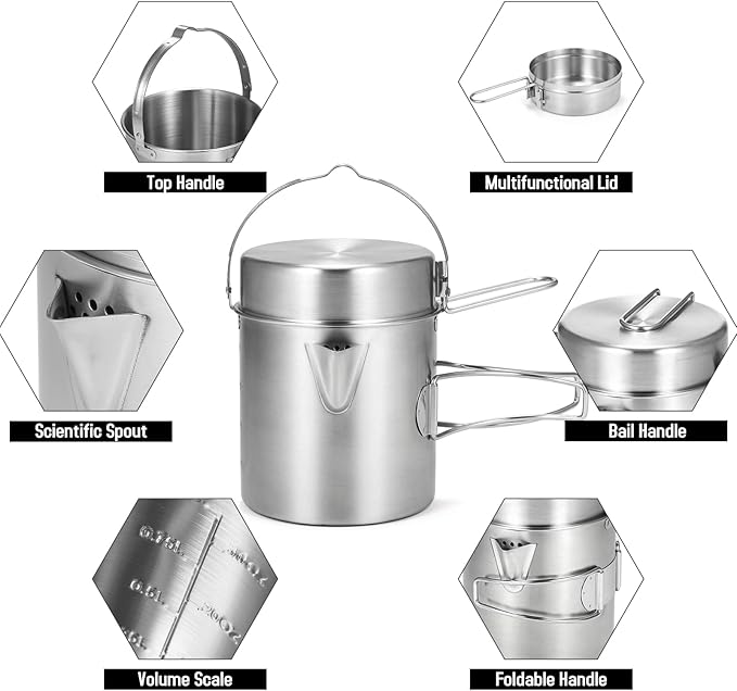 Lixada Camping Cooking Kettle 1L Stainless Steel Pot with Foldable Handle and Dual Use Cover