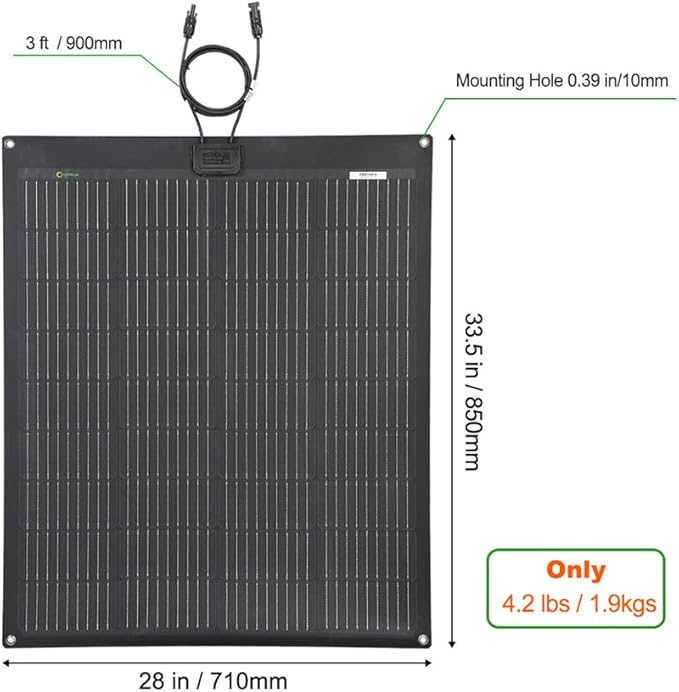 Lensunsolar 100W 12V ETFE Flexible Solar Panel, 33.5x28in, PERC 9BB 23.5%+ Efficiency Mono Solar