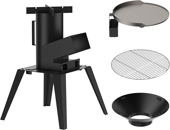 3-in-1 Camp Rocket Stove Kit with BBQ Grate, Griddle, Pot Rack, Portable Wood Burning Stove with
