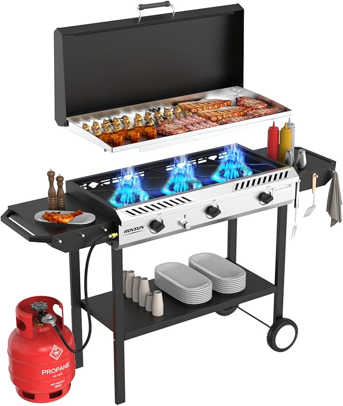 ROVSUN 3 Burner Outdoor Propane Gas Stove with Griddle, Ignition & Side Shelves, 225,000 BTU