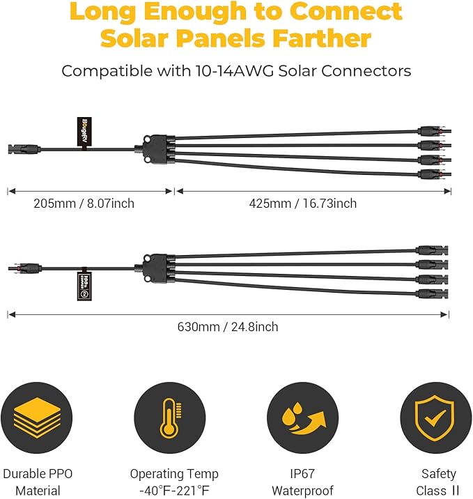 BougeRV Solar Y Branch Connectors Extra Long Solar Panel Parallel Connectors 1 to 4 Solar Cable