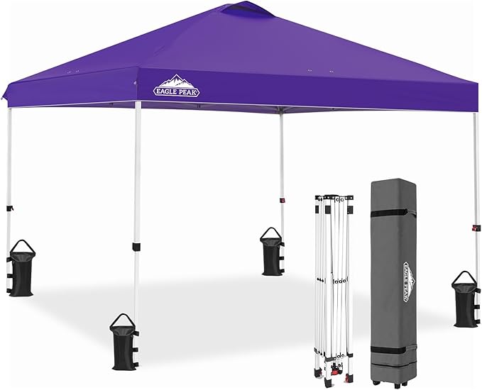 EAGLE PEAK Pop Up Canopy Tent with Wheeled Carry Bag, 8 Stakes, 4 Ropes, 4 Weight Bags, Easy Set Up