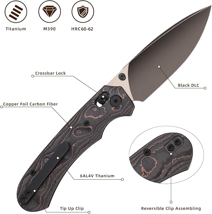 Folding Pocket Knife,3.31” M390 Blade,Erogonomic Titanium Handle,Hunting Survival Knife,EDC Knife