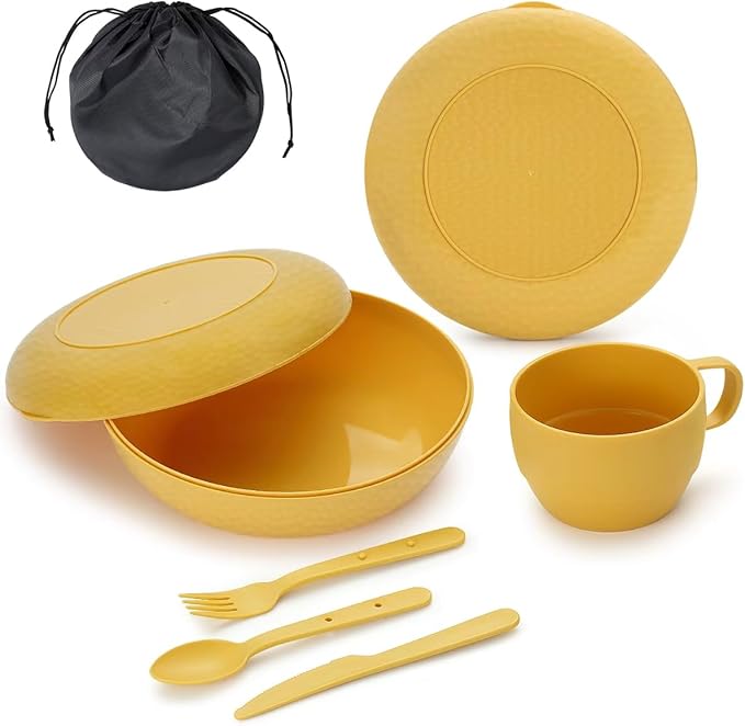 Berglander Camping Mess Kit with Bowl, Plate, Cup, Spoon, Fork, Knife and Carry Bag, Save Space