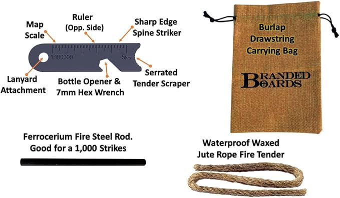 Portable Bushcraft Stainless BBQ Cooking Grill Grate, Bamboo Cutting Board, Burlap Bag, Mini Knife