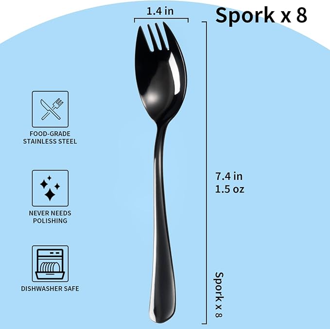 Alata Black Mirror Sporks 8-Pack Set Stainless Steel Sporks, 7.4 Inches Long Handle Salad Forks For