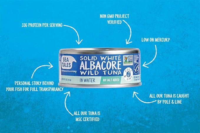 Sea Tales Solid White Albacore Canned Tuna in Water - No Salt Added - 100% Pole & Line Wild