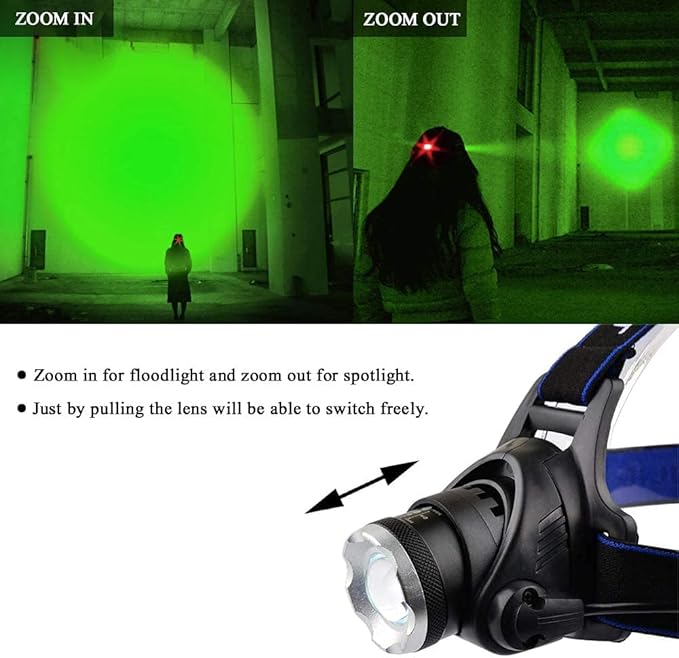 WINDFIRE Green Light Headlamp, Hunting Headlamps Rechargeable, Super Bright LED Zoomable Headlight