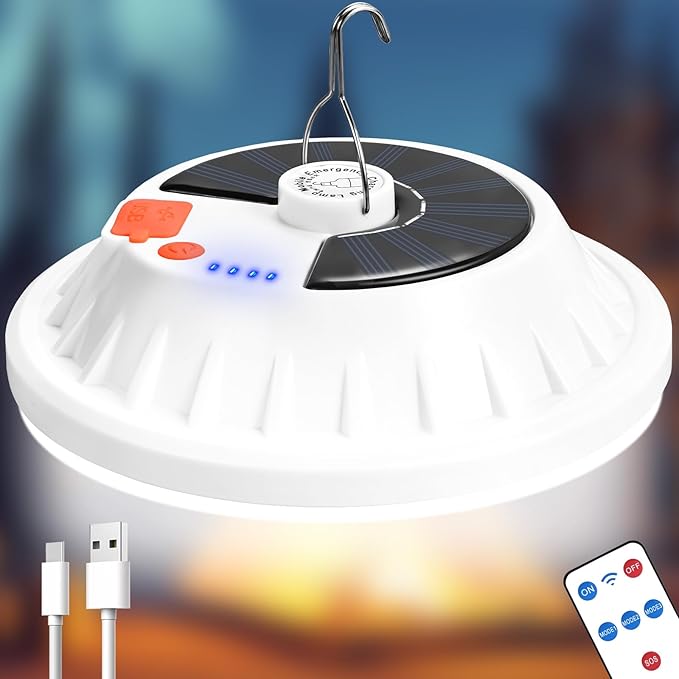 Solar Camping Light with Remote 6000LM, Rechargeable Hanging Light Portable LED for Home, Tent