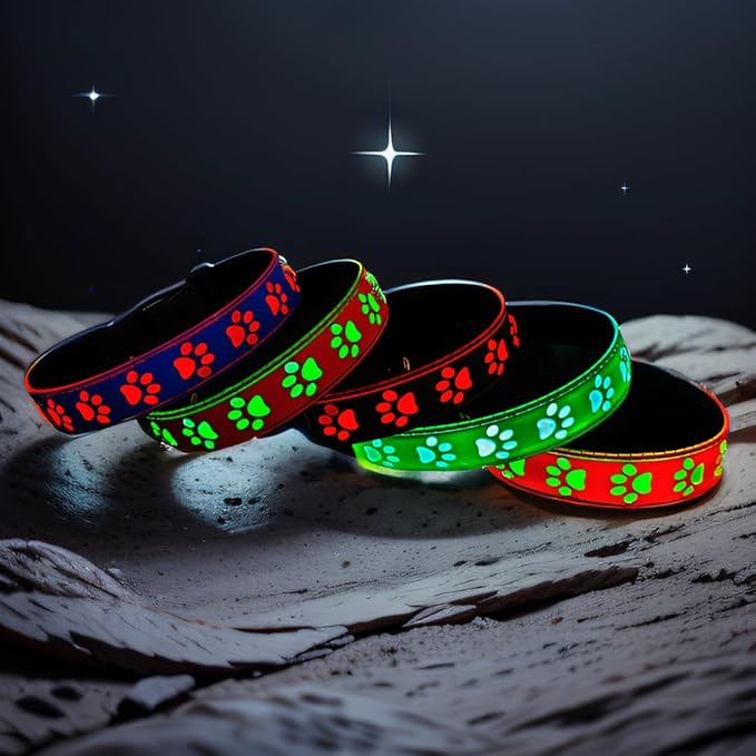 LED Light Up Dog Collar, USB-C Rechargeable, Multicolor Paw Print Design, 15 Modes Lighting Night