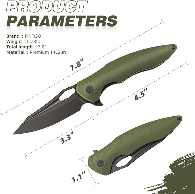 FINTISO Apollo Pocket Knife, 3.3" 14C28N Blade G10 Handle Folding Knife with Liner Lock, Small EDC