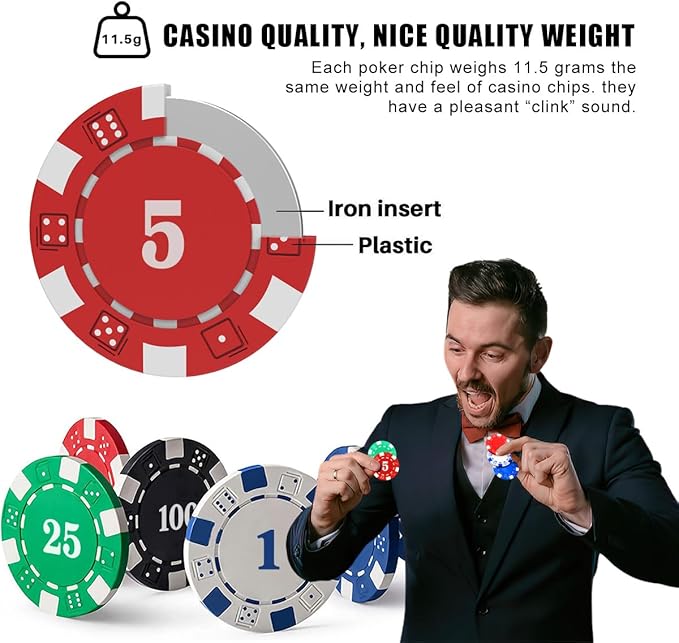 100Pcs Poker Chip with Denominations, Casino Poker Chips Set with Numbers, 11.5 Gram Clay Composite