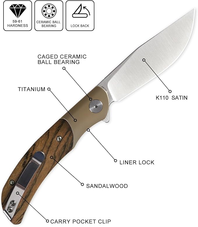 Petrified fish PFP09 Hourglass Folding Knife,3.54" K110 Steel Satin Blade, 3.88oz Titanium and