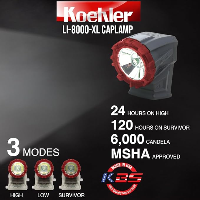 Koehler LI-8000-XL LED Cap Lamp ??MSHA Certified, 185 Lumens, Water & Drop Proof, Advanced LED
