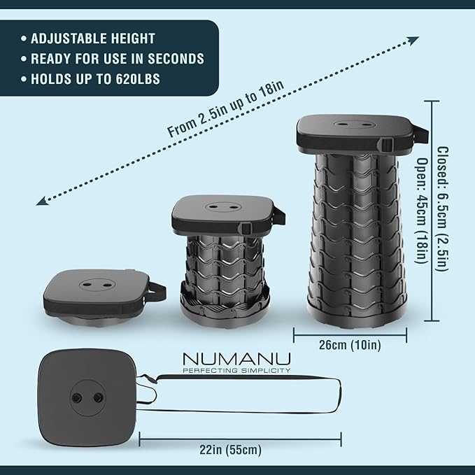 NUMANU 2025 Upgraded Square Collapsible Stool & 3IN1 Cushioned Carry Bag, Adjustable Height Folding