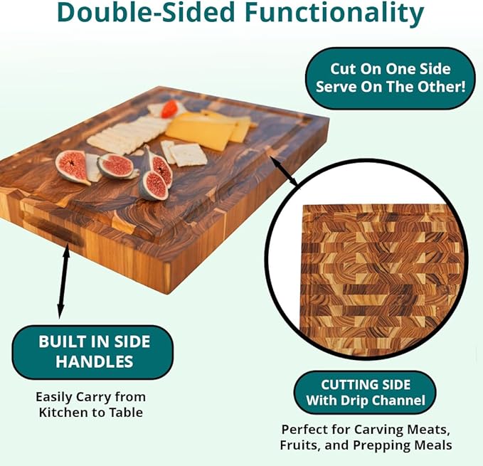EcoDecors, FSC Teak End Grain Cutting Board 14x10, Compact Reversible Teakwood Cutting Board for
