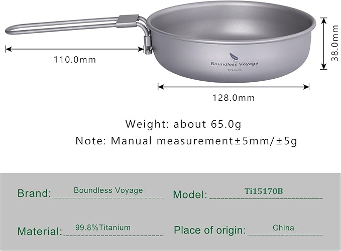 Boundless Voyage Ultra-light Titanium Frying Pan with Folding Handle Outdoor Camping Skillet