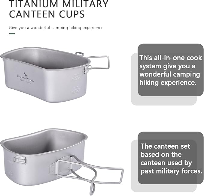 iBasingo Titanium Canteen Mess Kit with Folding Handle Hanging Ring Ultralight Portable for Lunch