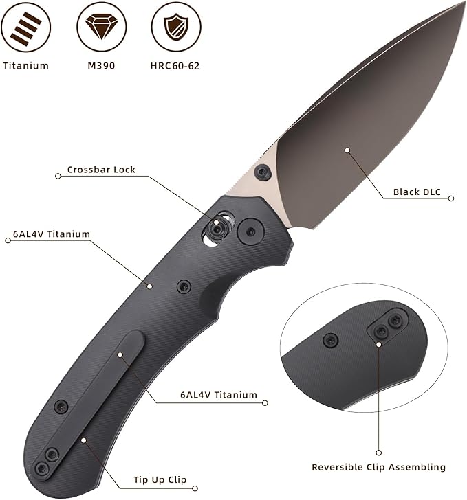 Folding Pocket Knife,3.31” M390 Blade,Erogonomic Titanium Handle,Hunting Survival Knife,EDC Knife