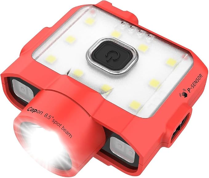 Claymore Capon 120D (Red) - Rechargeable Cap Light with Motion Sensor, Multi-Purpose Clip-On, Focus