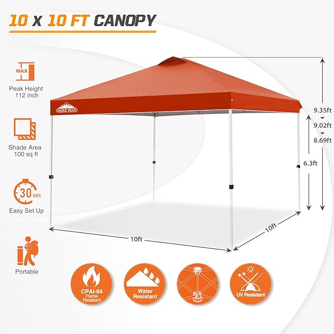 EAGLE PEAK Pop Up Canopy Tent with Wheeled Carry Bag, 8 Stakes, 4 Ropes, 4 Weight Bags, Easy Set Up