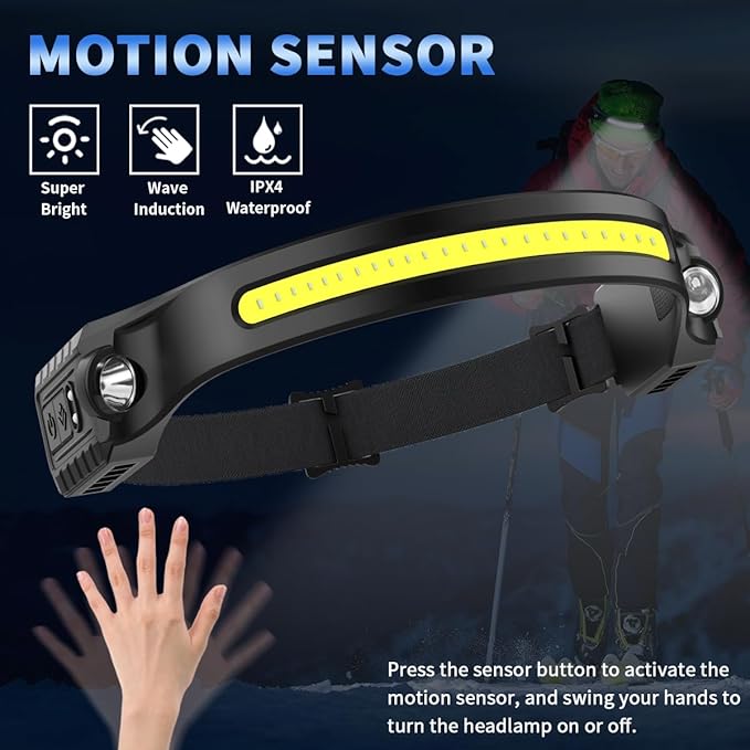 Headlamp Rechargeable 5Pack, 230° Wide Beam Head Lamp with 2 Spotlights, LED Headlamp with Motion