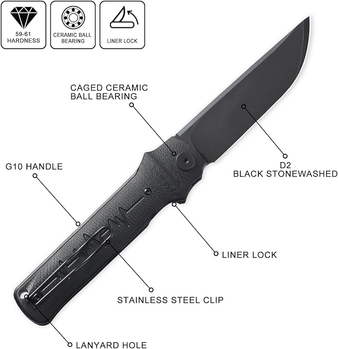 Petrified fish PFB04 Tena Folding Knife, 3.82" D2 Steel Black Stonewashed Blade G10 Handle Pocket