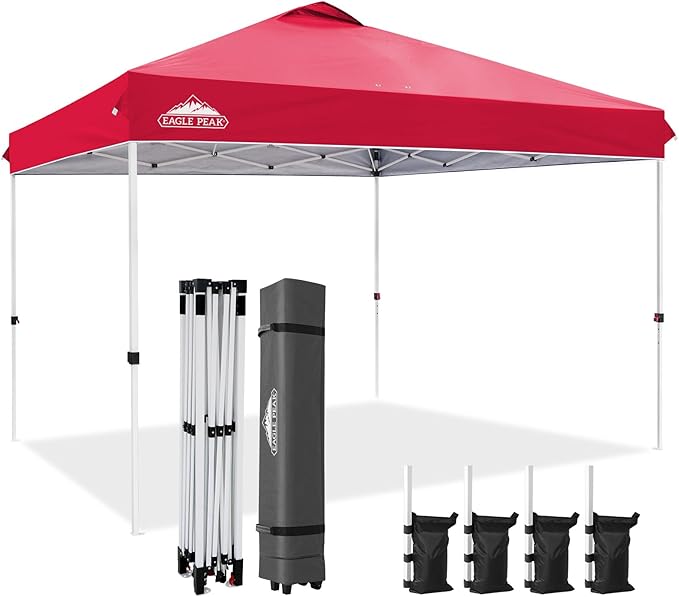EAGLE PEAK Pop Up Canopy Tent with Wheeled Carry Bag, 8 Stakes, 4 Ropes, 4 Weight Bags, Easy Set Up