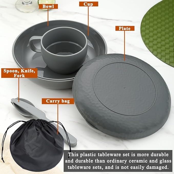 Berglander Camping Mess Kit with Bowl, Plate, Cup, Spoon, Fork, Knife and Carry Bag, Plastic