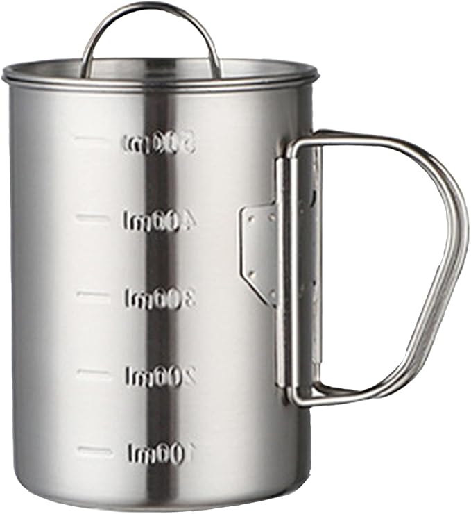 Stainless Steel Camping Cup, 17oz Fireproof Metal Cup with Lid and Foldable Handle, High