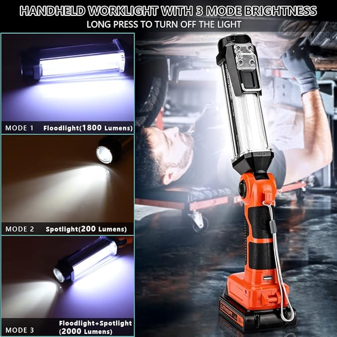 Cordless LED Work Light for Black & Decker 20V Li-ion Battery, 35W 2000LM Outdoor Flashlight