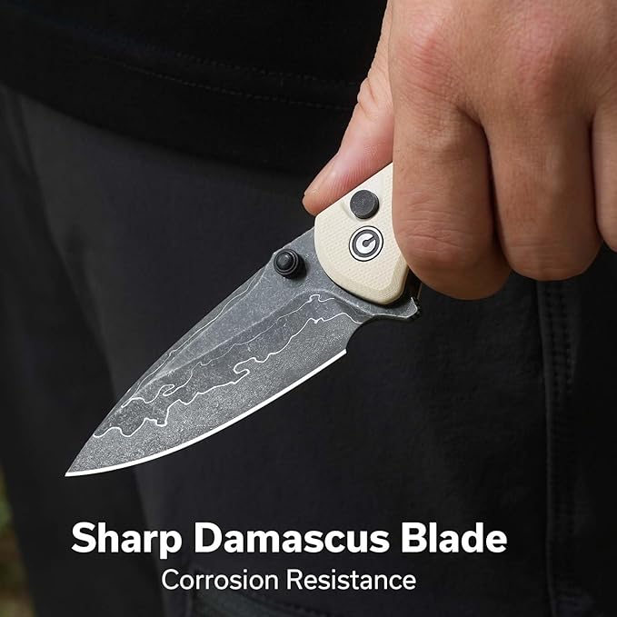 CIVIVI Faeger Pocket Folding Knife for EDC, 2.98" Damascus Blade G10 Handle, Reversible Clip for