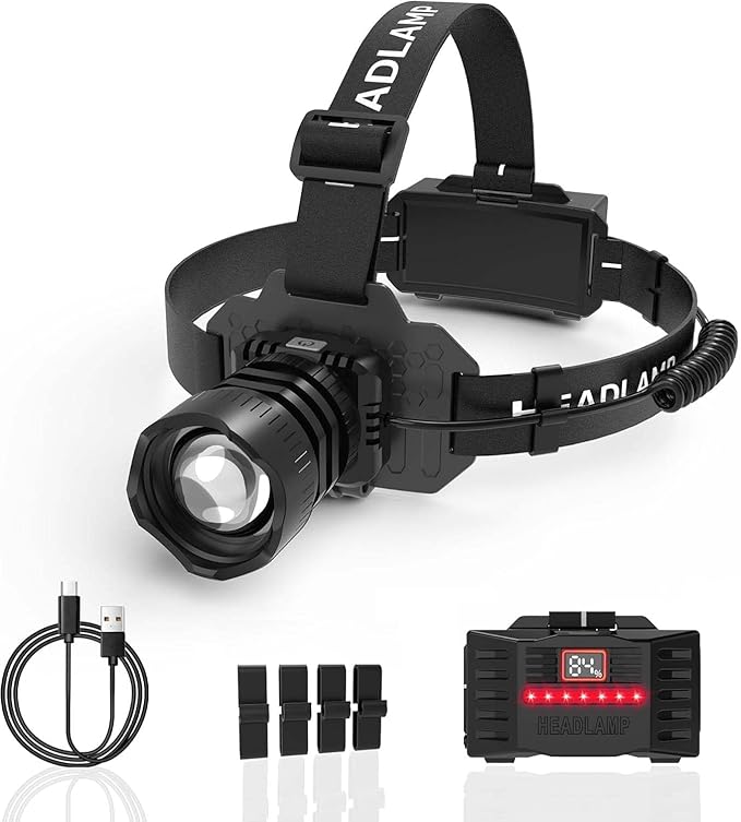 Camping Headlamp Zoomable Motion Sensor with Red Tail Light, 4000High Lumen Headlight with 3