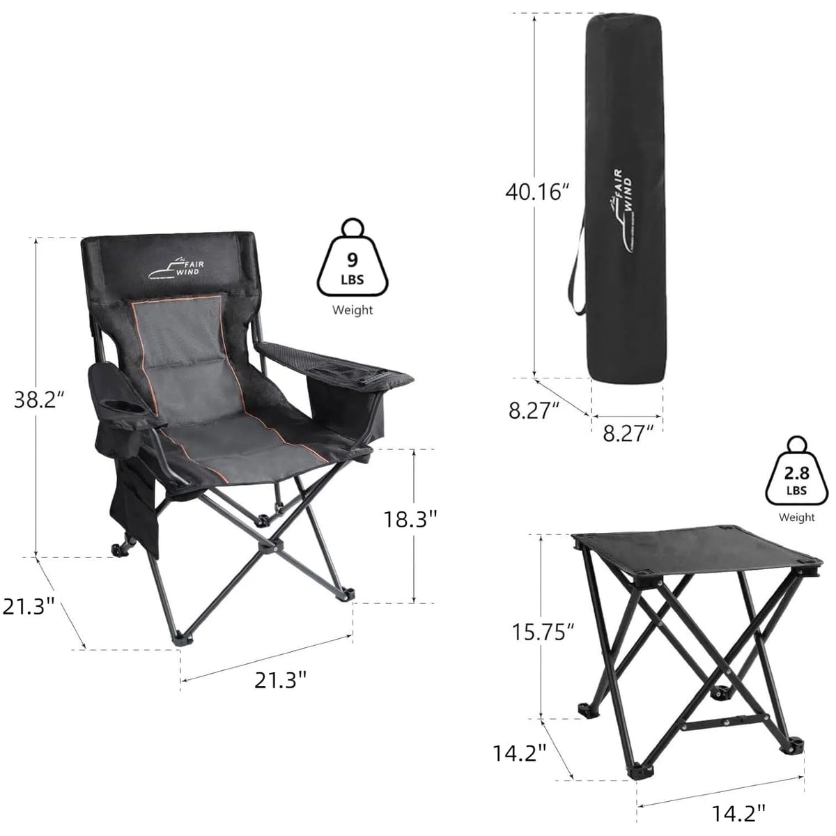 FAIR WIND Oversized Padded Camping Chair with Footrest Stool Set Heavy Duty Support 300 LBS Cooler