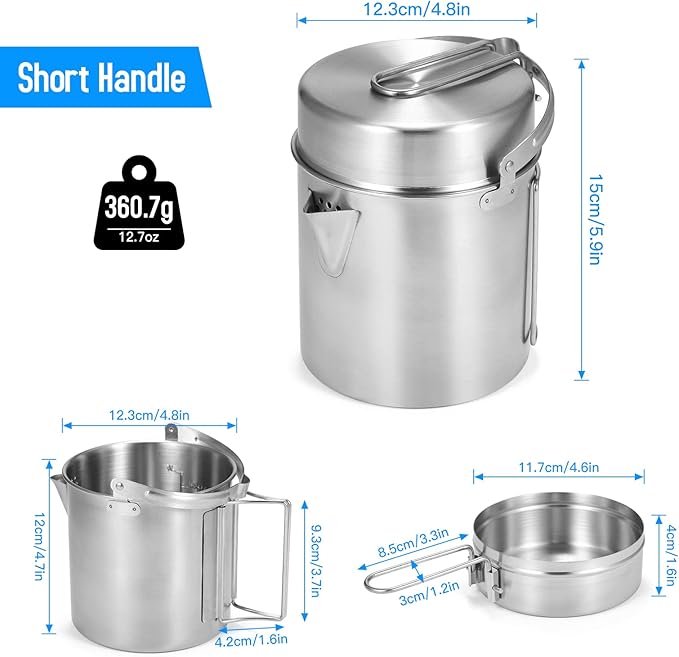 Lixada Camping Pot Stainless Steel Lightweight Kettle Bottle Cup or Pot with Foldable Handle and