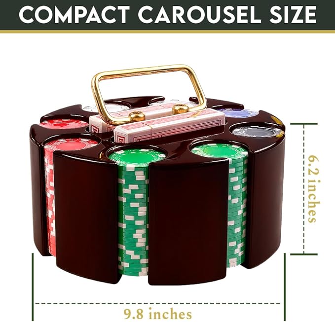 Poker Set, 200pcs 11.5gr Hefty Casino Chip Set with Solid Wooden Rotating Carousel Case and 2 Decks
