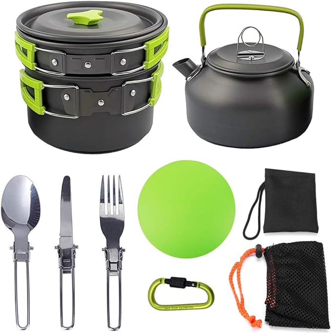Peidesi Camping Cookware Mess Kit, Portable Camp Stove Pots and Pans Set, Carabiner, Folding Knife
