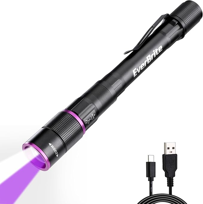 EverBrite Rechargeable Pen Flashlight with UV Light and White Light, 395nm Black Flashlight with