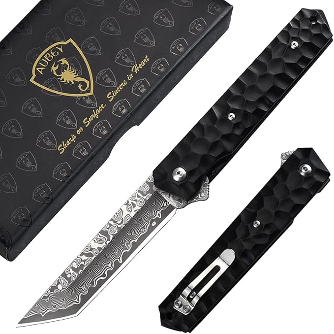 AUBEY Damascus Pocket Knife, Tanto VG10 Core Damascus Steel Folding Knives with Ball Bearing