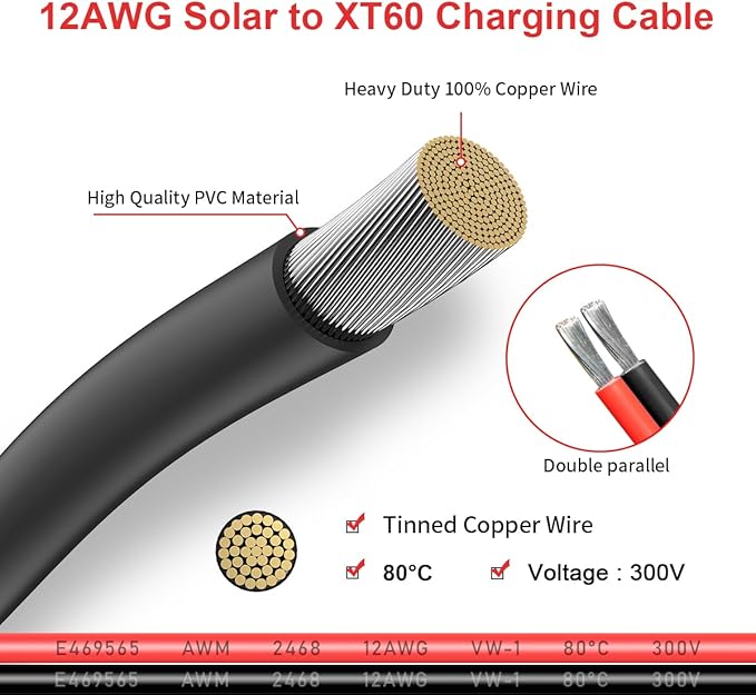 12AWG Solar to XT60 Charging Cable Solar Panel Extension Cable for Portabler Station River 600