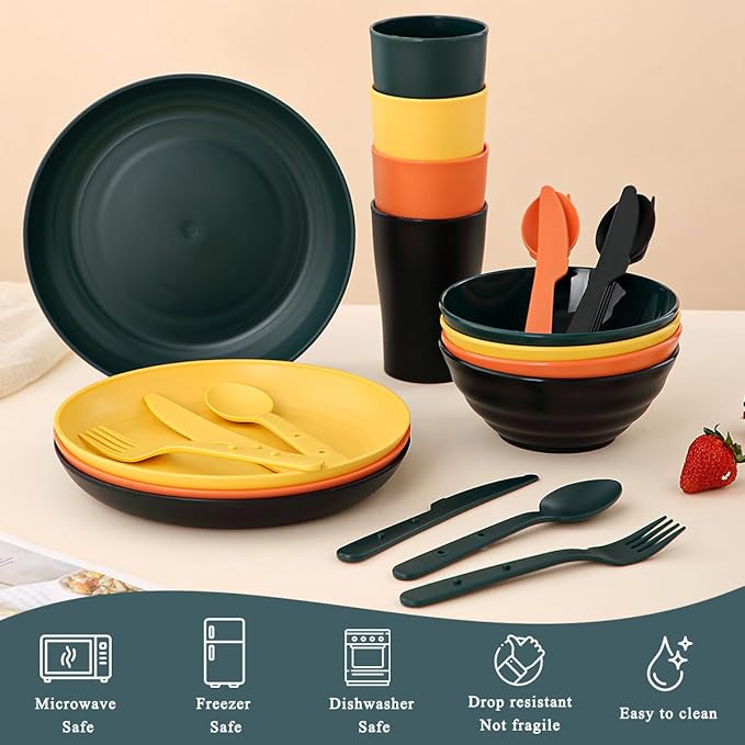 Camping Mess Kit for 4 with Bowl, Plate, Cup, Spoon, Fork, Knife and Carry Bag, Plastic Camping